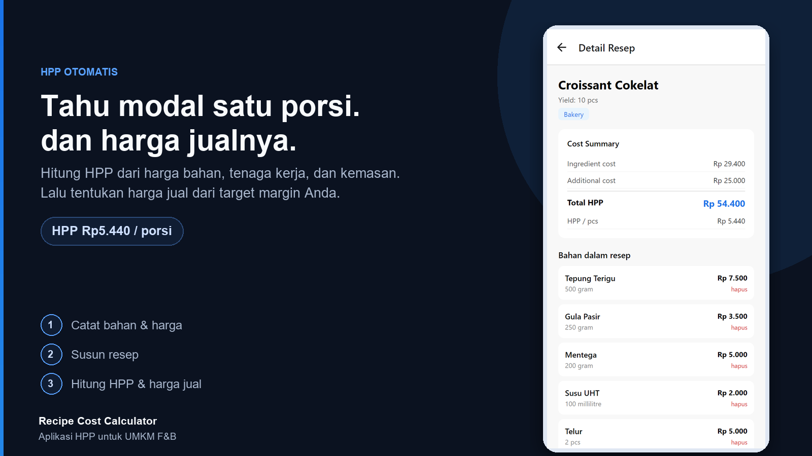 Recipe Cost Calculator - Tampilan awal aplikasi